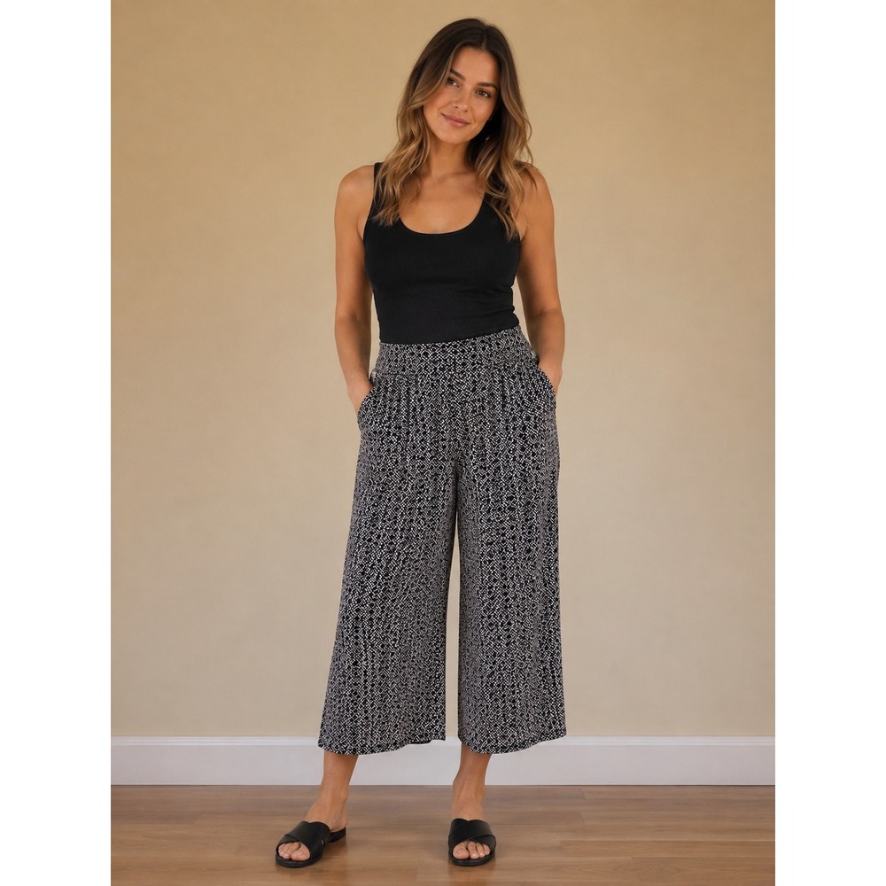 Olsen Anna Womens Black White Geometric Diamond Print Cropped Wide Leg Pants 12